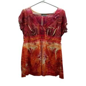 Unity World Wear Women Size XL Orange Pink Abstract Short Sleeve Mixed Print Top